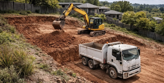 A Tipper Truck and Excavator during a site cut on a sloping block in the Darling Downs