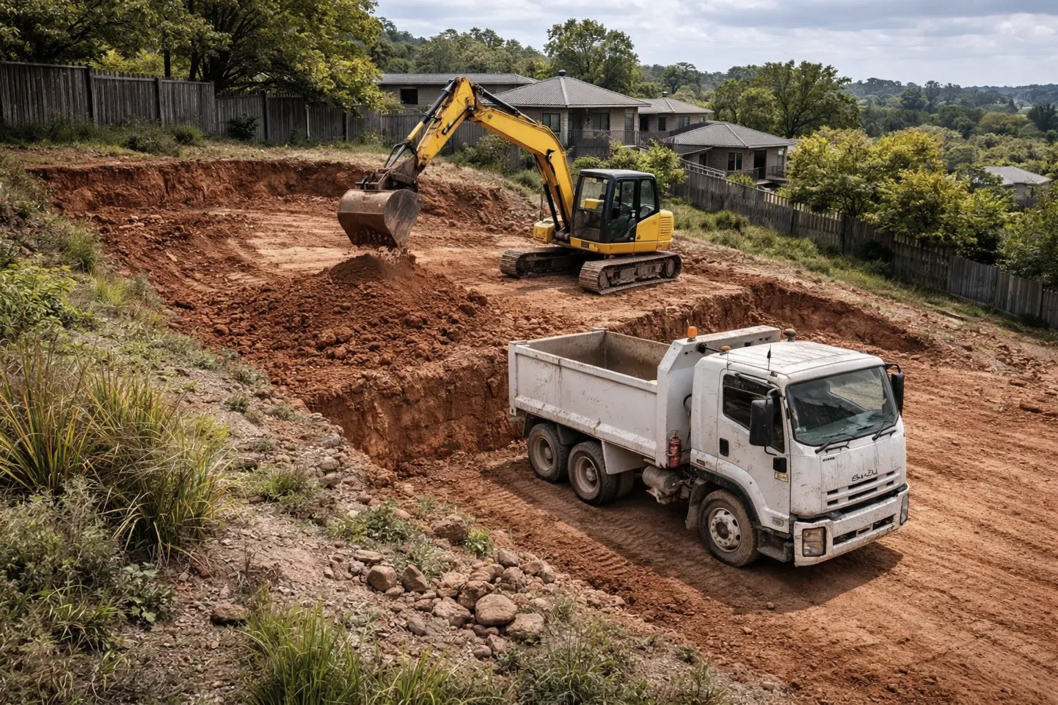 A Tipper Truck and Excavator during a site cut on a sloping block in the Darling Downs