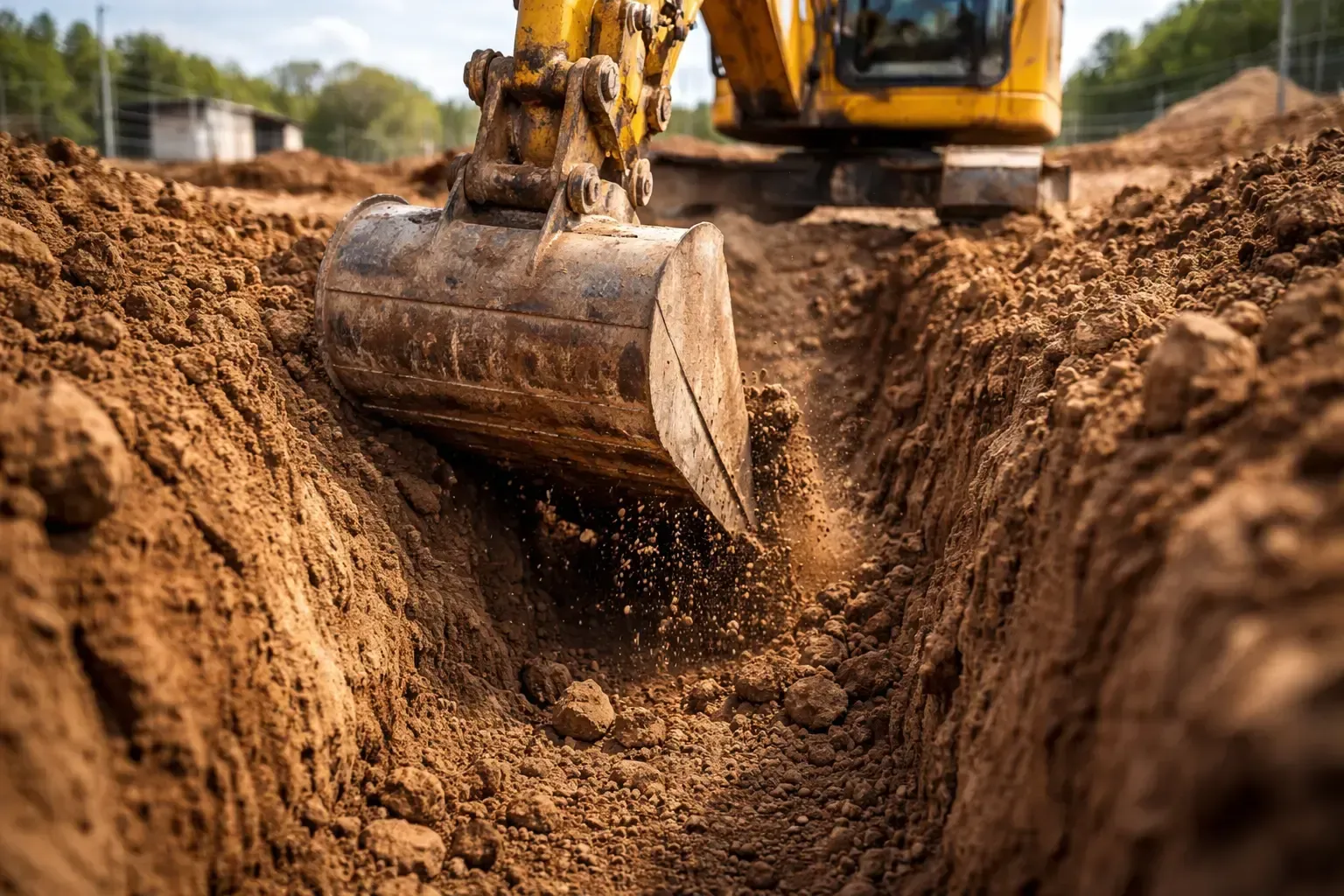 Close-up of an excavator bucket digging a drainage trench in the Darling Downs, QLD
