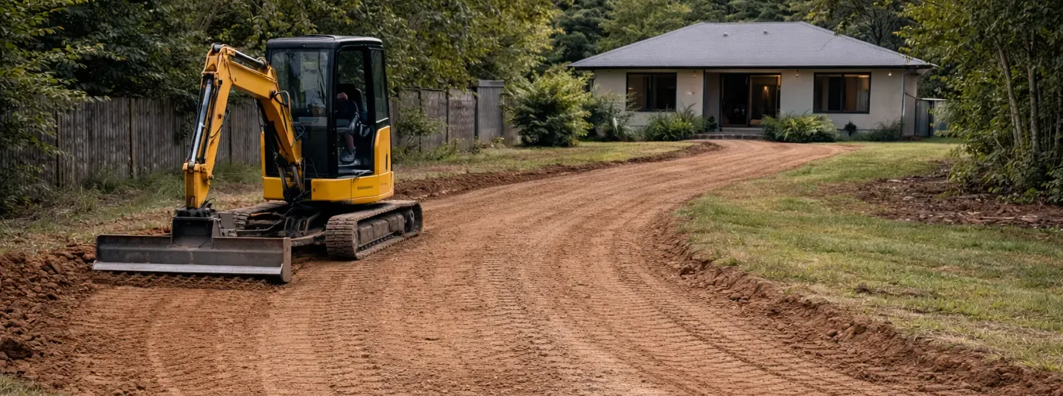 Excavator shaping a long curved driveway on a small acreage in Drayton, QLD
