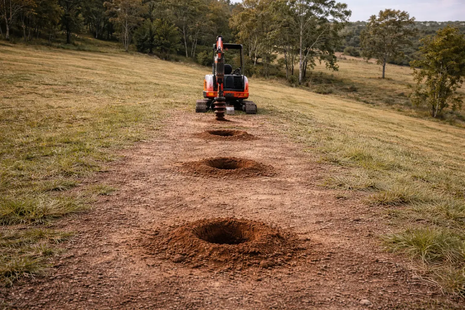 Excavator making post holes on a farm  in Cooyar, QLD