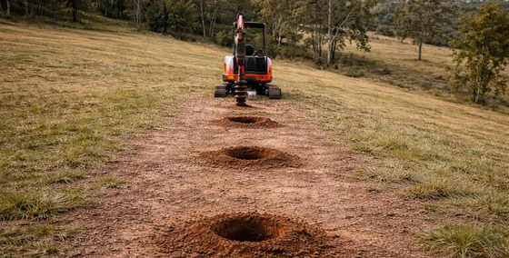 Excavator making post holes on a farm  in Cooyar, QLD