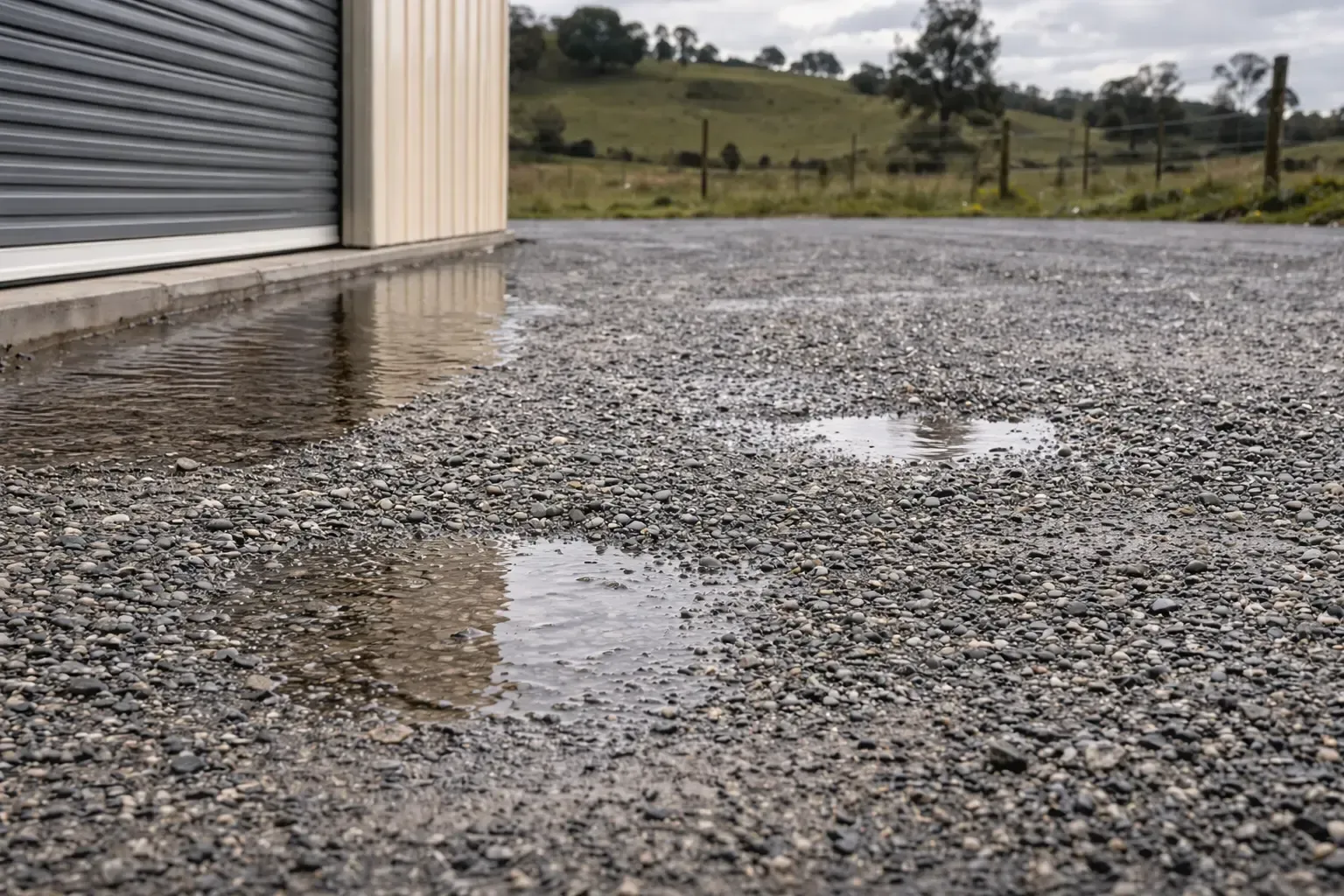 Rainwater pooling on an uneven shed apron, highlighting drainage issues and poor site preparation.