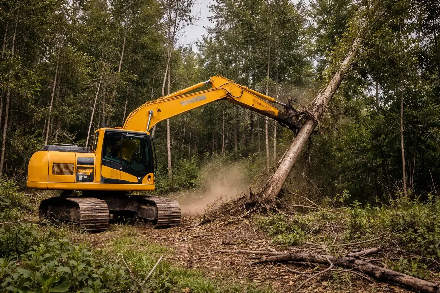 Yellow excavator clearing trees in a forest clearing near Esk, QLD