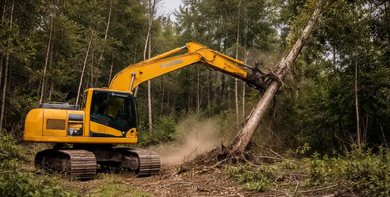 Yellow excavator clearing trees in a forest clearing near Esk, QLD