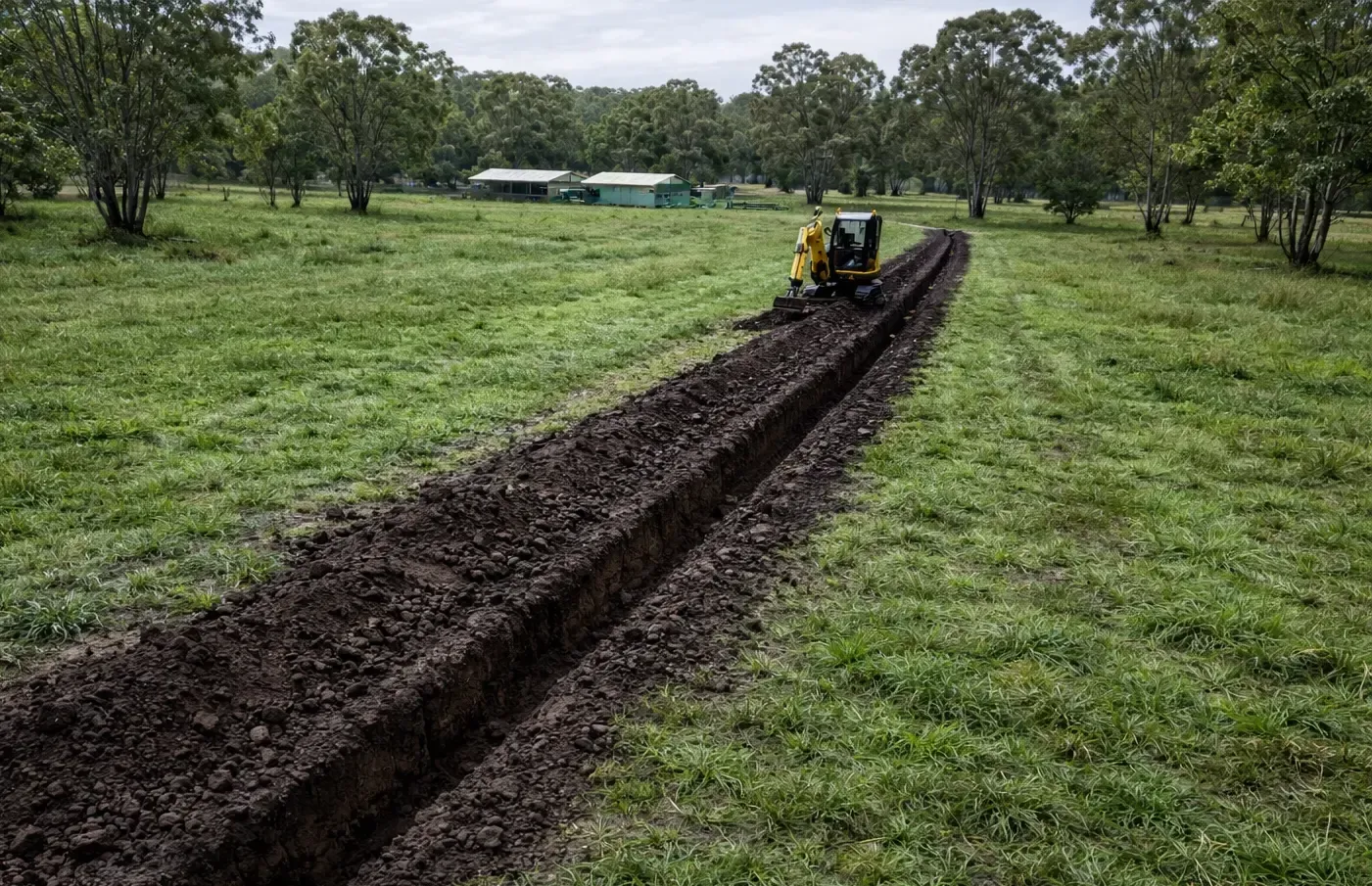 Long draining trench on a rural block near Southbrook, Toowoomba