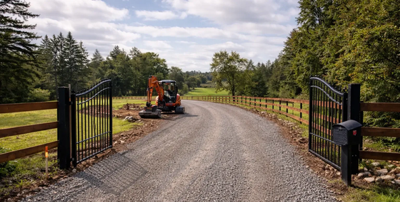 Long rural entry driveway prep on a property in Crows Nest, QLD