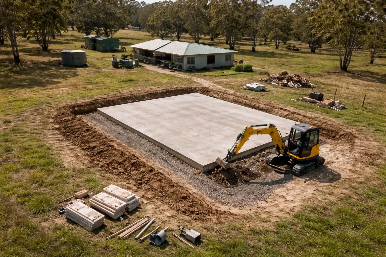 Finishing drainage around a new shed slab in Grantham, Lockyer Valley