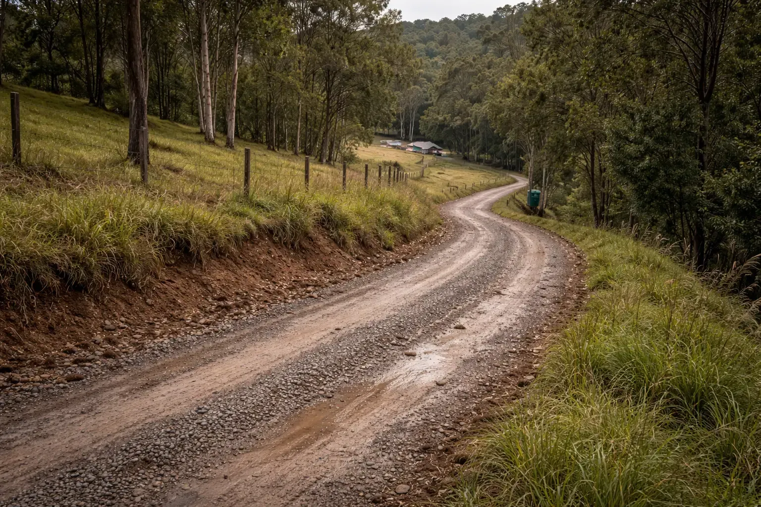 Long rural access road after a downpour in the Lockyer Valley
