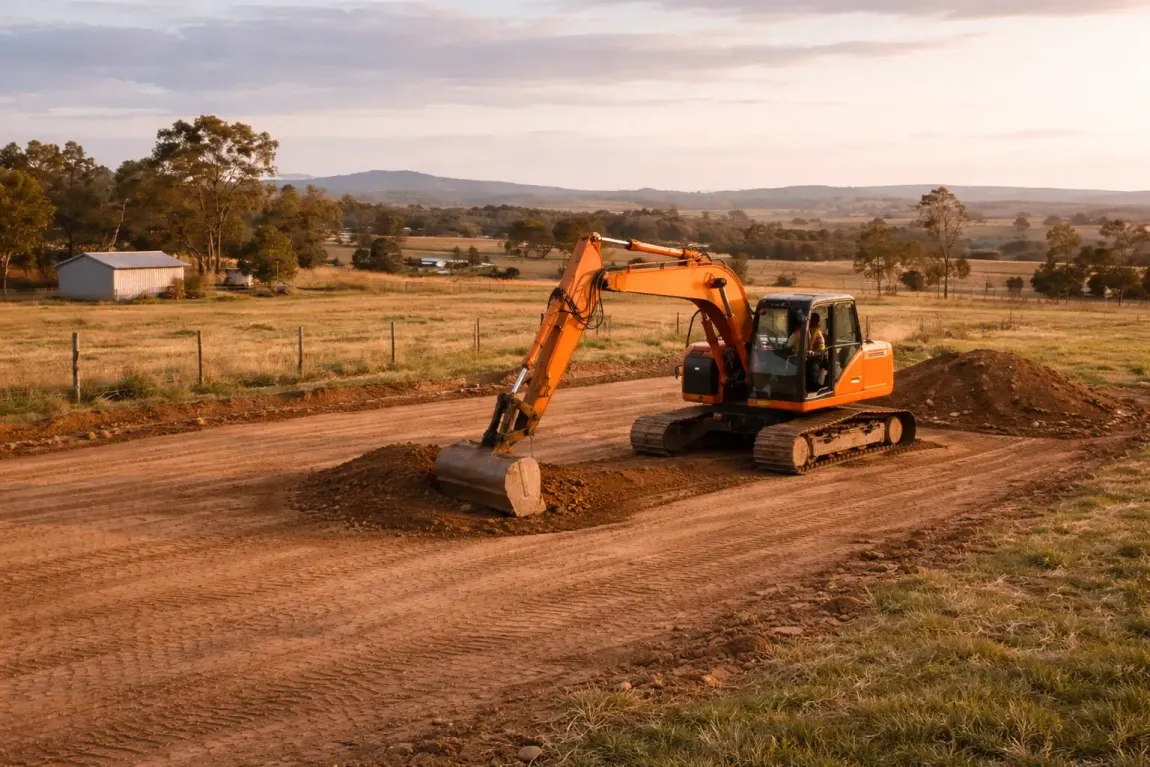 An orange excavator preparing a shed pad on an a rural site near Dalby, QLD