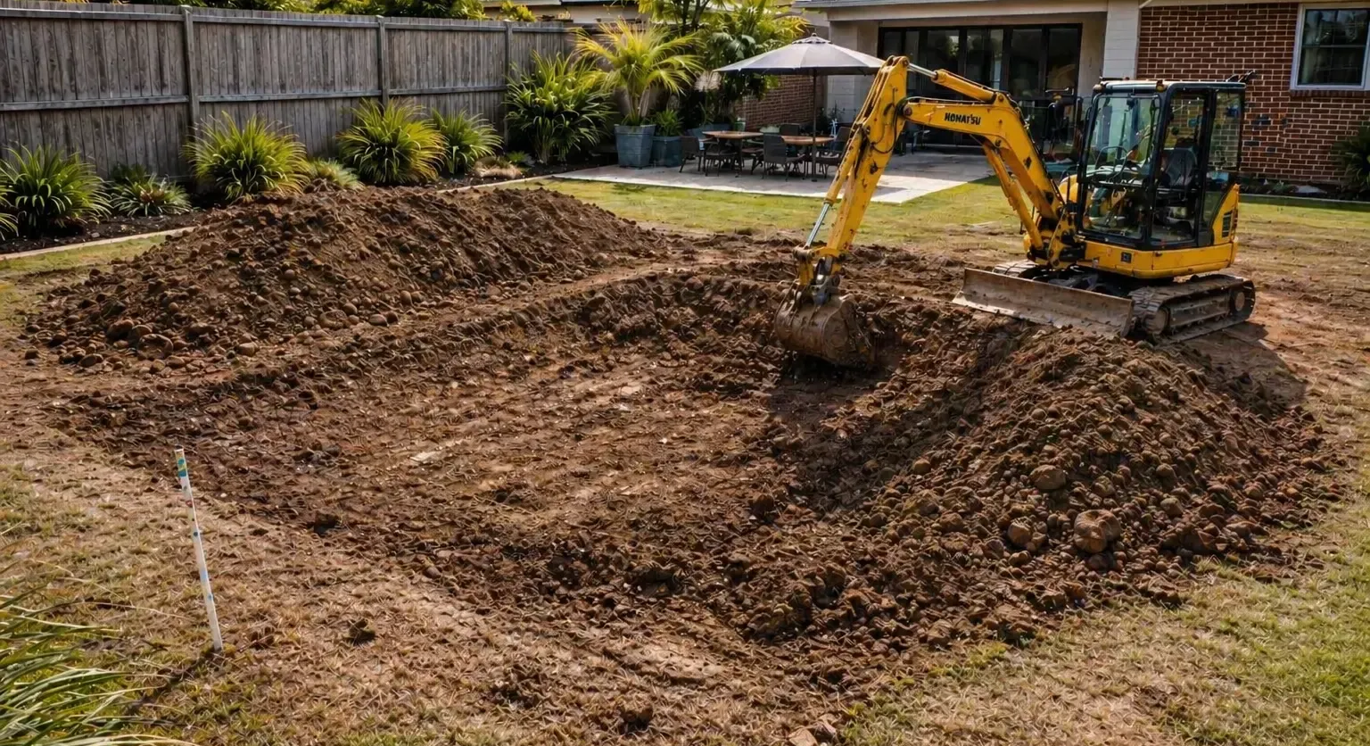 Swimming pool dig in progress in a backyard in Highfields, Toowoomba