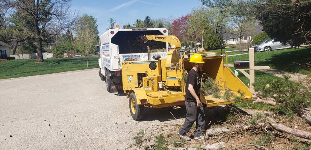 A man is standing next to a tree chipper in a driveway.