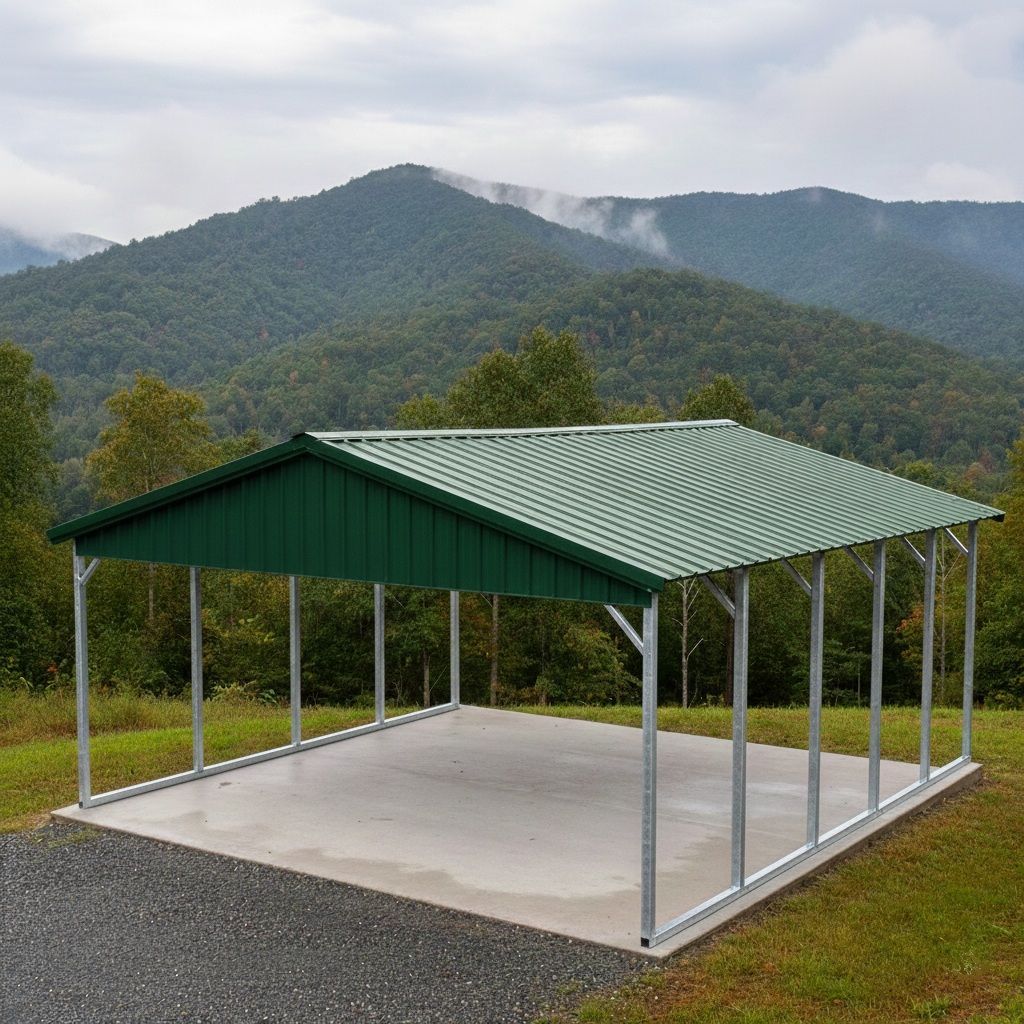 Green carport with silver frame on a concrete slab, mountains in the background.