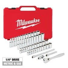 A milwaukee 1/4 drive metric and sae socket set in a red case.