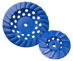 A pair of blue grinding wheels on a white background.