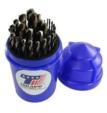 A blue bucket filled with drill bits on a white background.