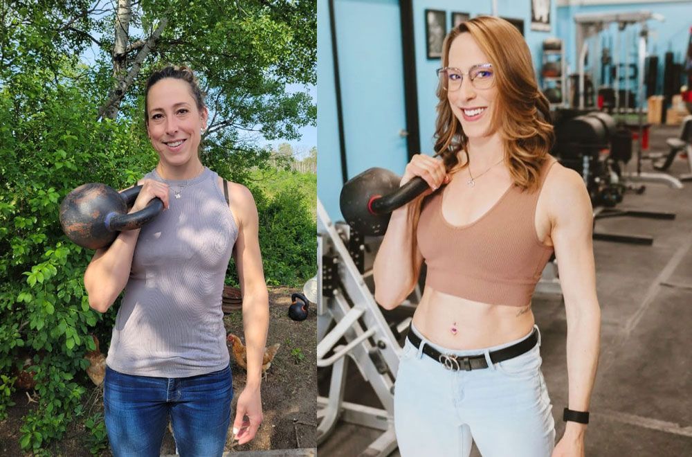 A before-and-after comparison of a person holding a kettlebell, showing progress in muscle definition at a gym.