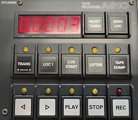 Close-up of a Studer A810 tape recorder control panel with buttons and numeric display.