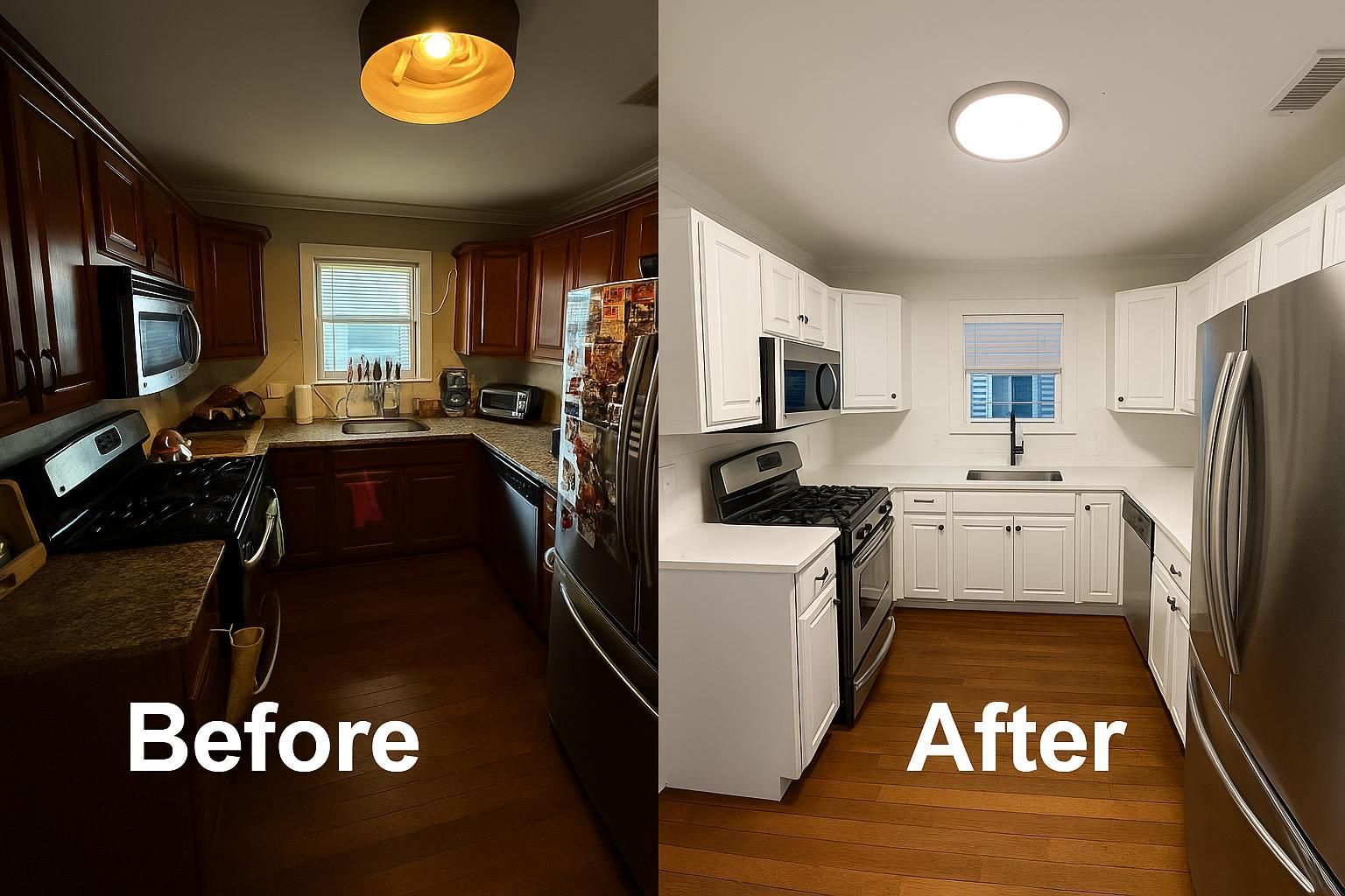 Austin galley kitchen remodel before and after with white cabinet painting, new countertops, and mod