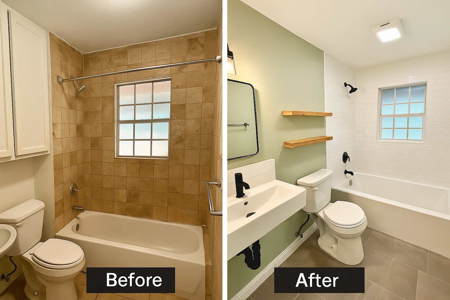 Before & after of a bathroom remodel in East Austin, TX featuring new tub, fresh tile, open shelving