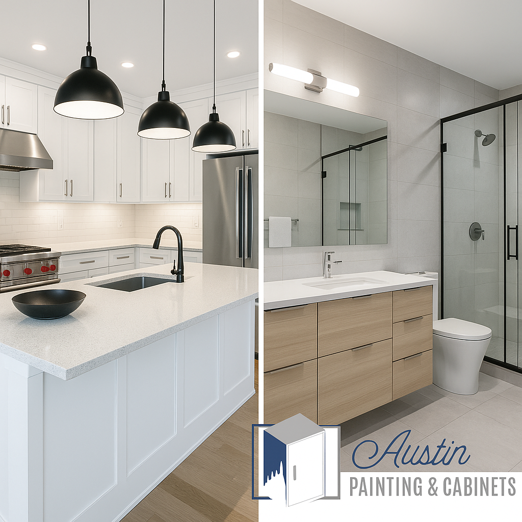 Side-by-side photo of a modern kitchen remodel and bathroom remodel featuring custom cabinetry, tile