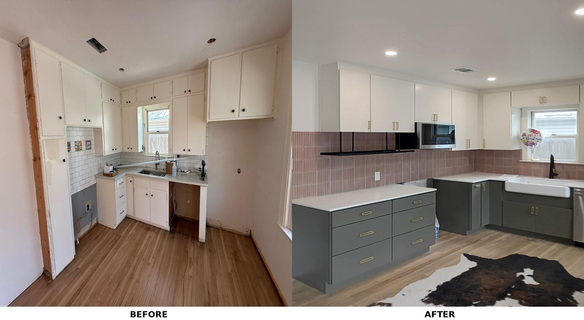 Before and after photo of custom kitchen remodel in Austin with new slab cabinet doors, quartz count