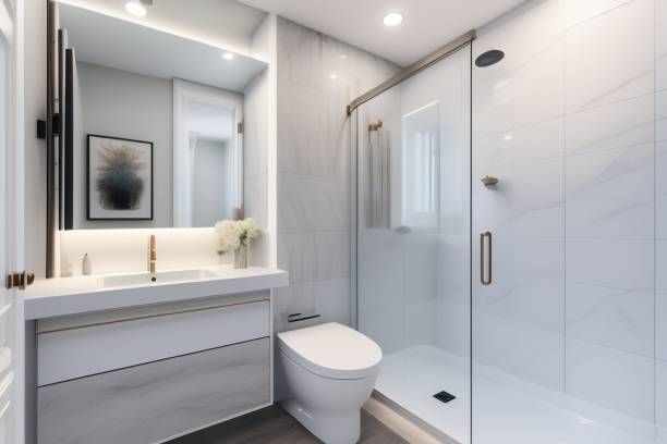 small bathroom remodel in Austin TX with tub to shower conversion, new vanity, and new tile