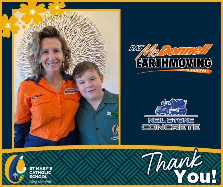 A Woman and a Boy Are Posing for a Picture With the Words Thank You on the Bottom — Pat McDonnell Earthmoving in Bowen, QLD