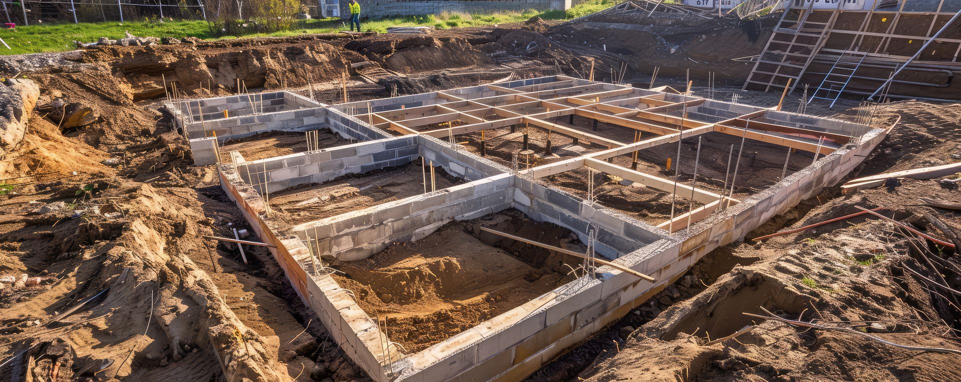 A foundation for a house is being built in the dirt.