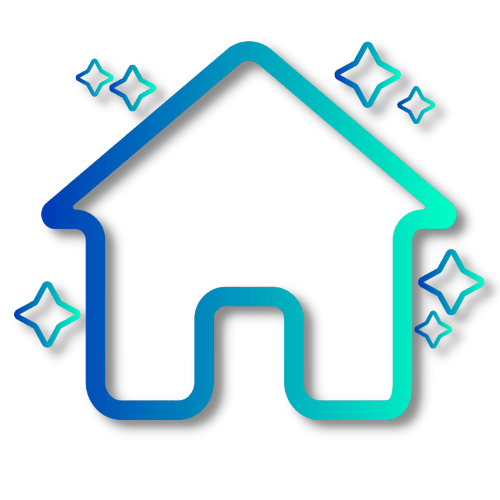 a blue and green icon of a house with stars around it