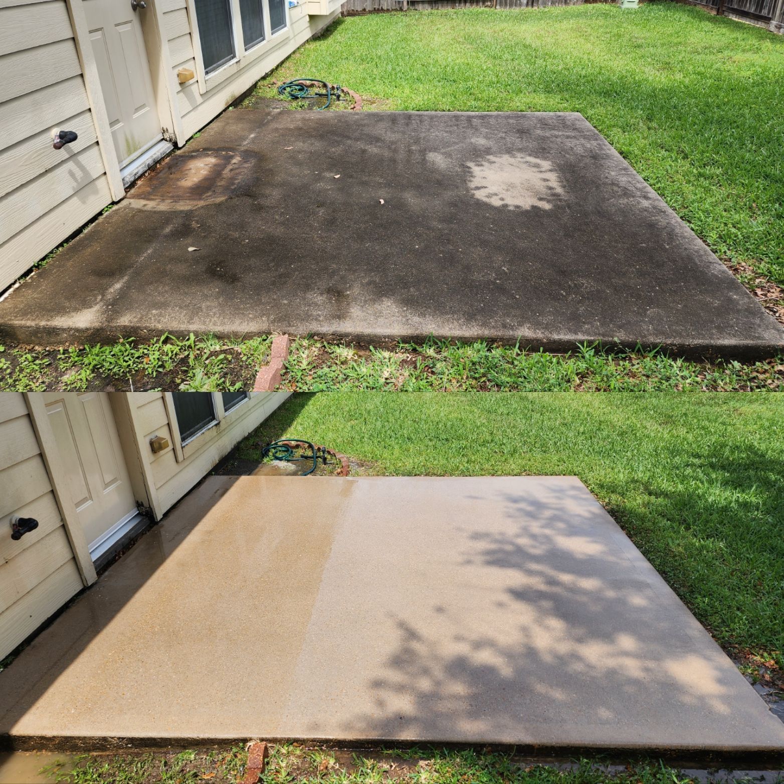 a before and after photo of a concrete walkway in a backyard .