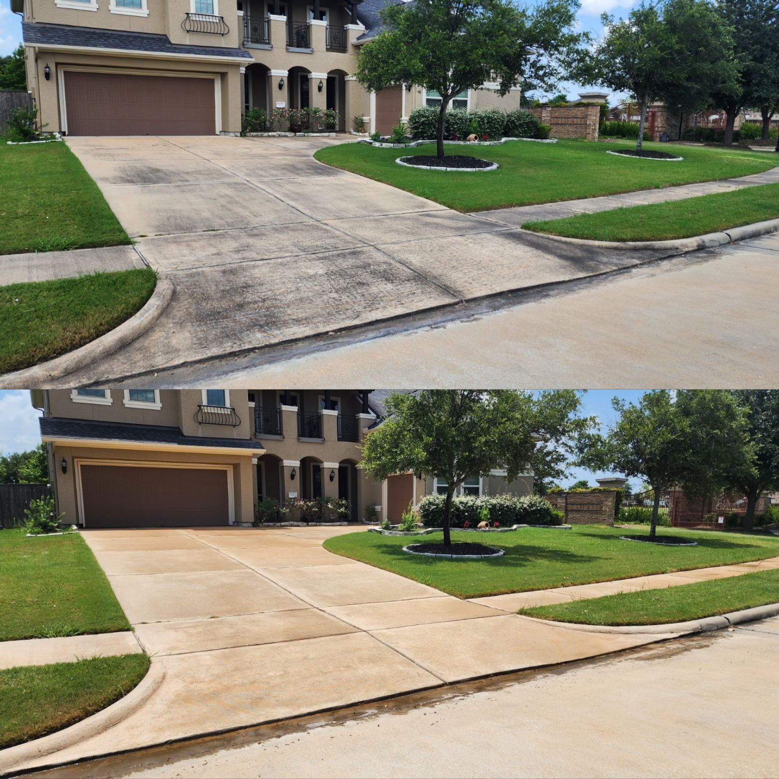 a before and after photo of a driveway with a house in the background