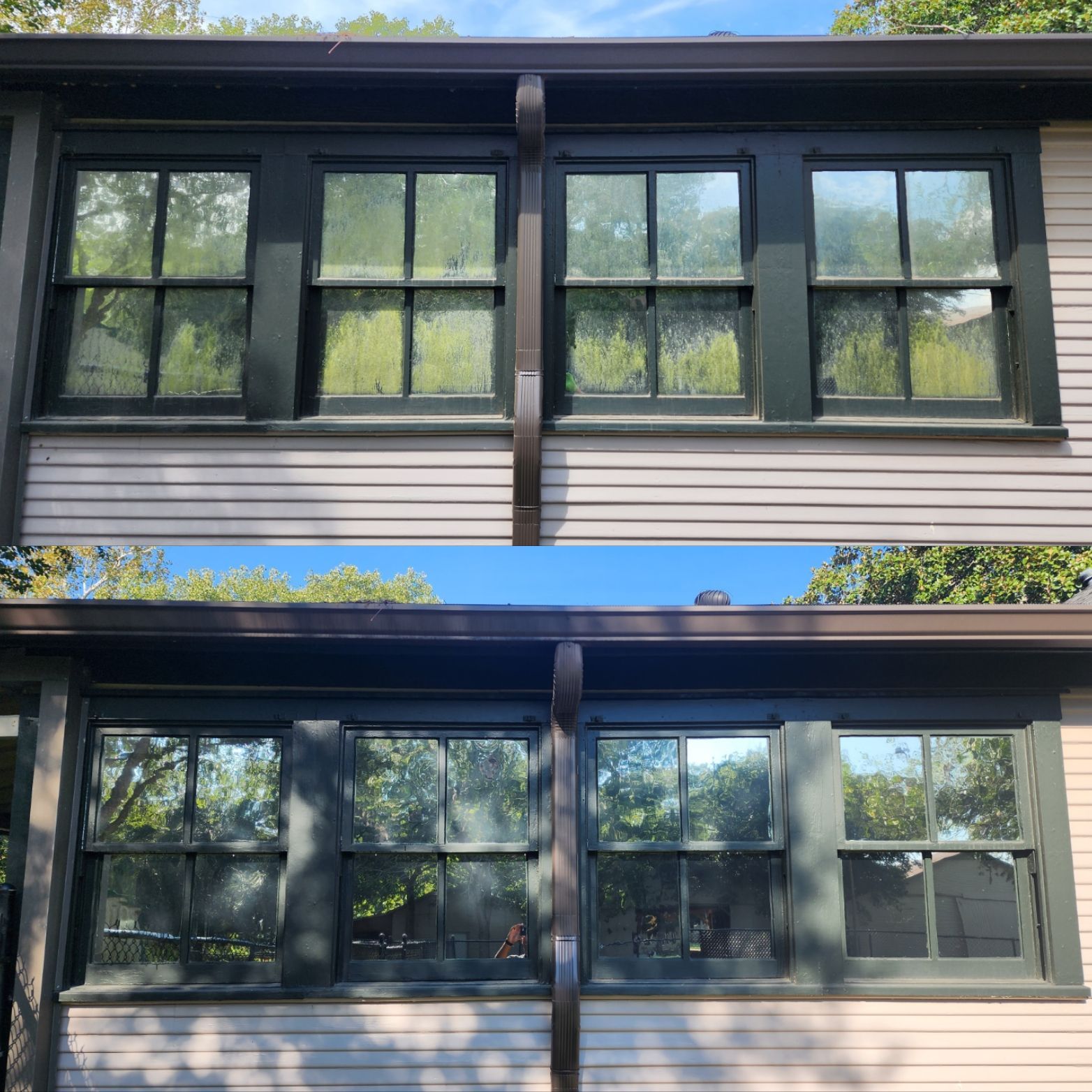 a before and after picture of a house with green windows .