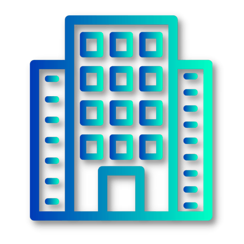 a blue and green icon of a building with squares on it .