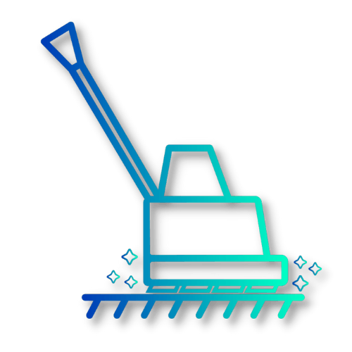 a blue and white icon of a lawn mower on a white background .