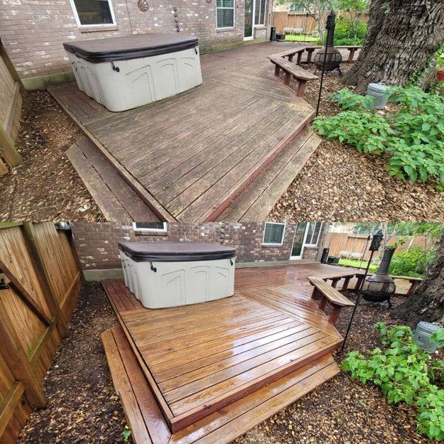 a before and after photo of a wooden deck with a hot tub on it .