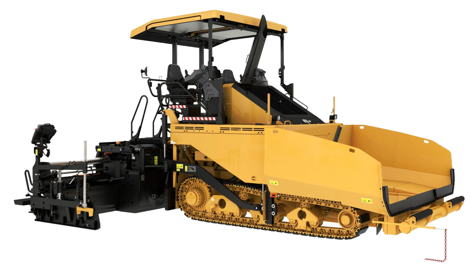 Yellow asphalt paver with tracks and a protective canopy, used in road construction.