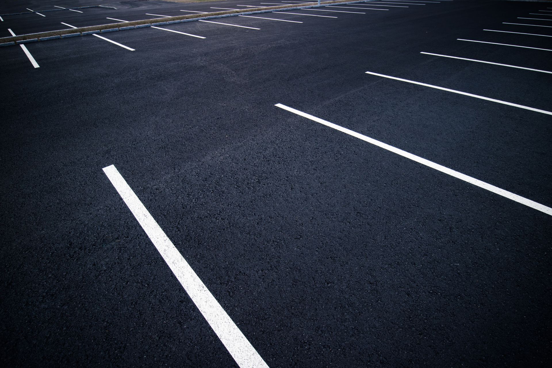 Parking lot with white painted parking space lines on dark asphalt.