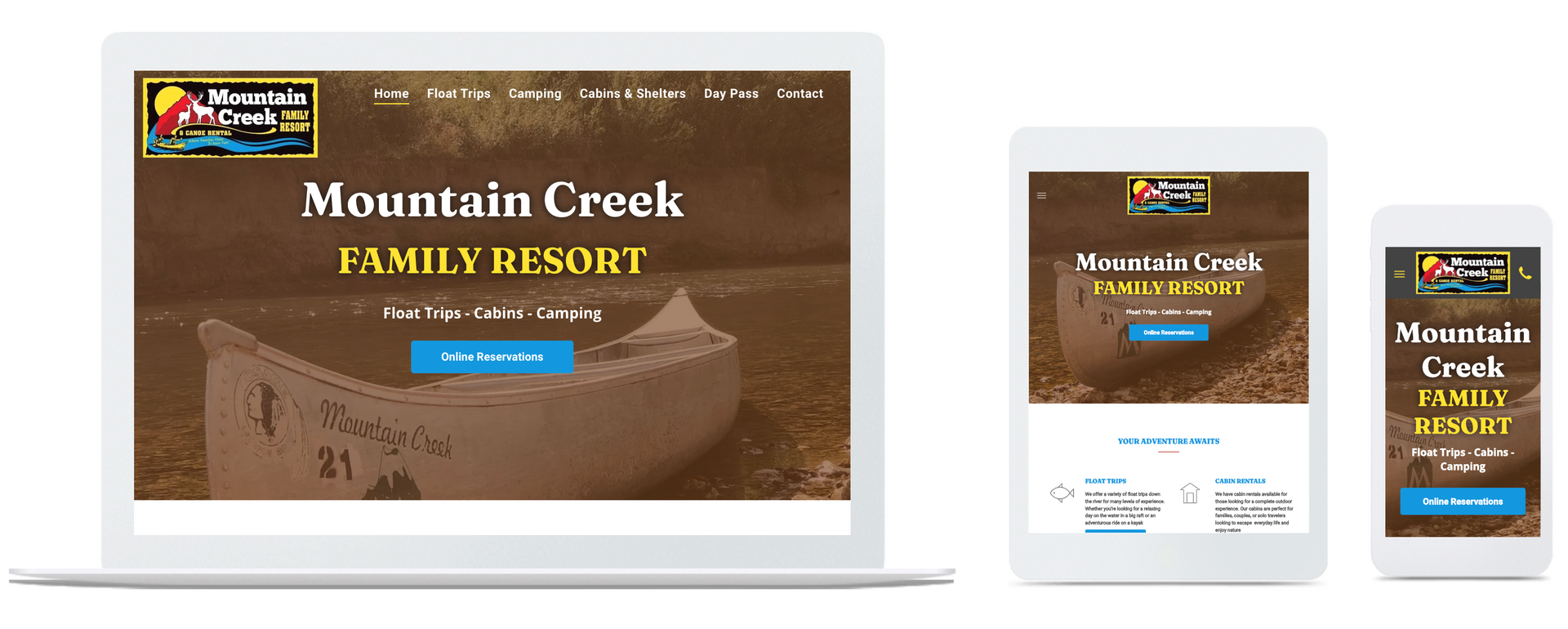 a mountain creek family resort website is displayed on a laptop , tablet , and cell phone .