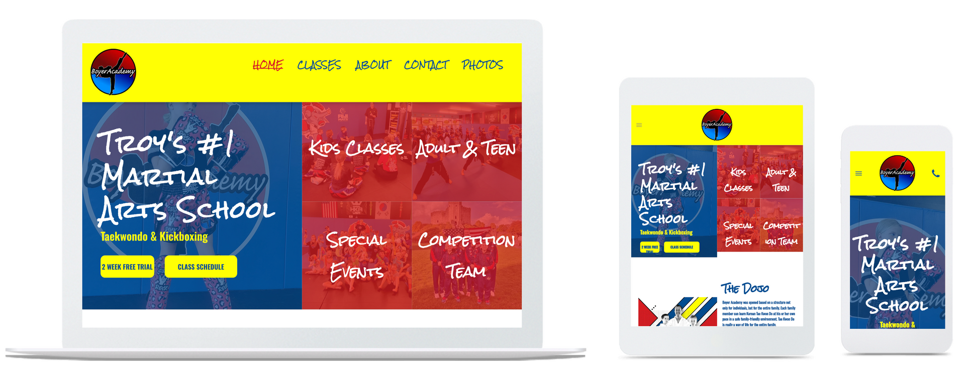 a laptop , cell phone , and tablet showing a website for a martial arts school .