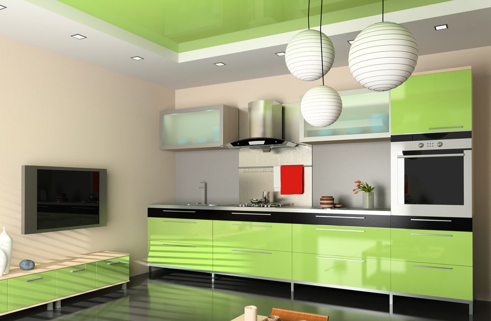 A Kitchen With Green Cabinets And A Green Ceiling — Nobbs & Myers Glass In Mullumbimby, NSW