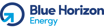 A blue horizon energy logo with a blue arrow pointing up.