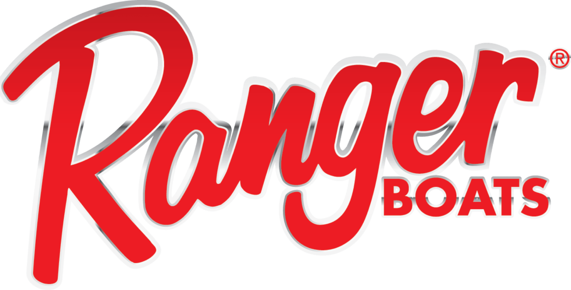 The logo for ranger boats is red and white on a white background.