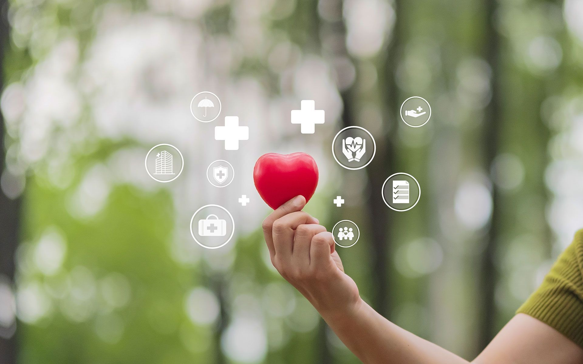 Person holding a red heart with health and insurance icons floating around it, set against a blurred green background.