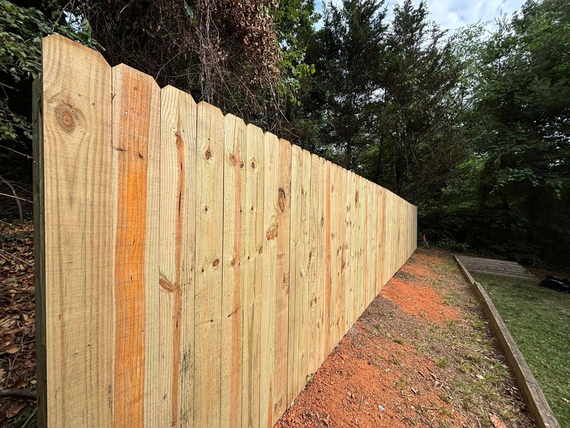 A new wooden privacy fence runs along a mulched path with a forest backdrop.