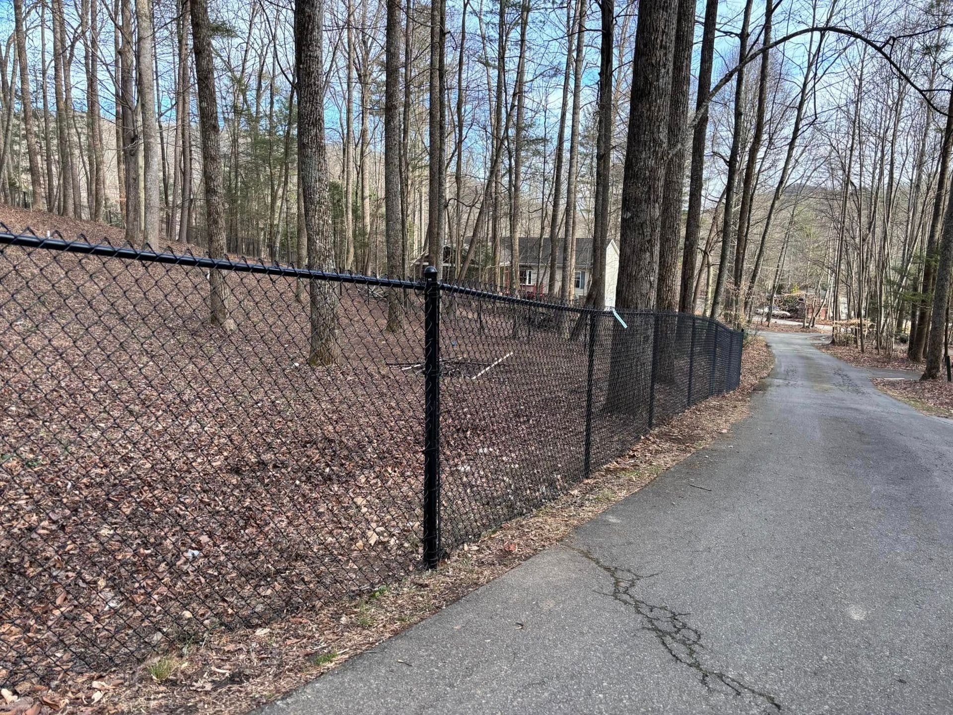 A black chain-link fence runs along the side of a paved road, bordering a wooded area filled with trees and fallen leaves.