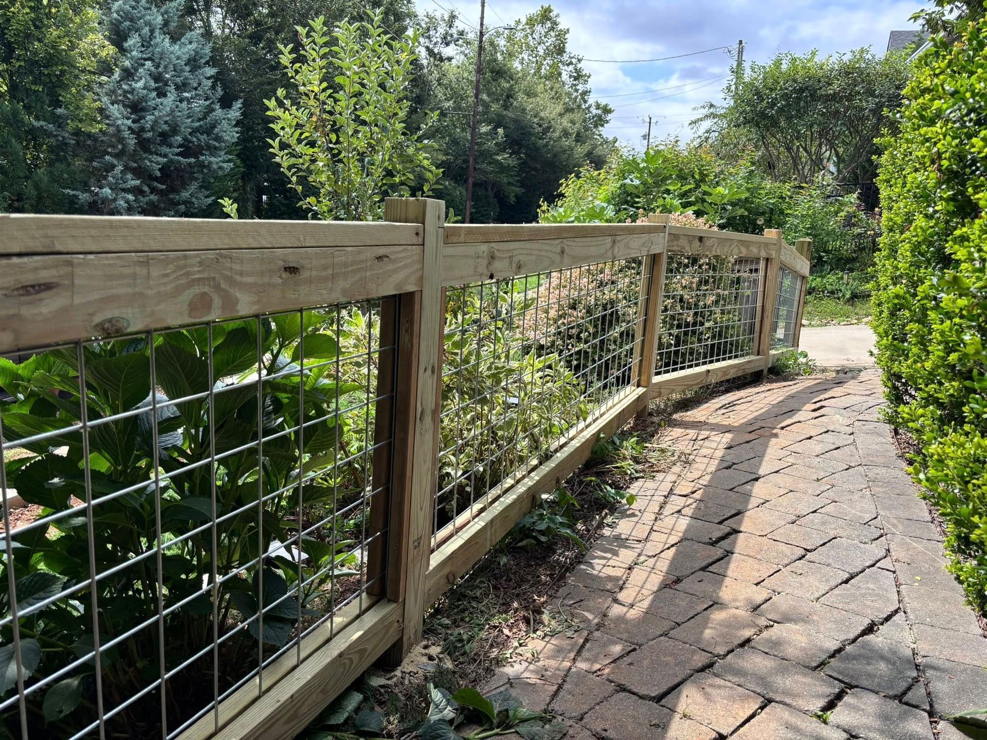 A rustic wooden fence with wire mesh panels lining a patterned brick path in a lush, green garden.