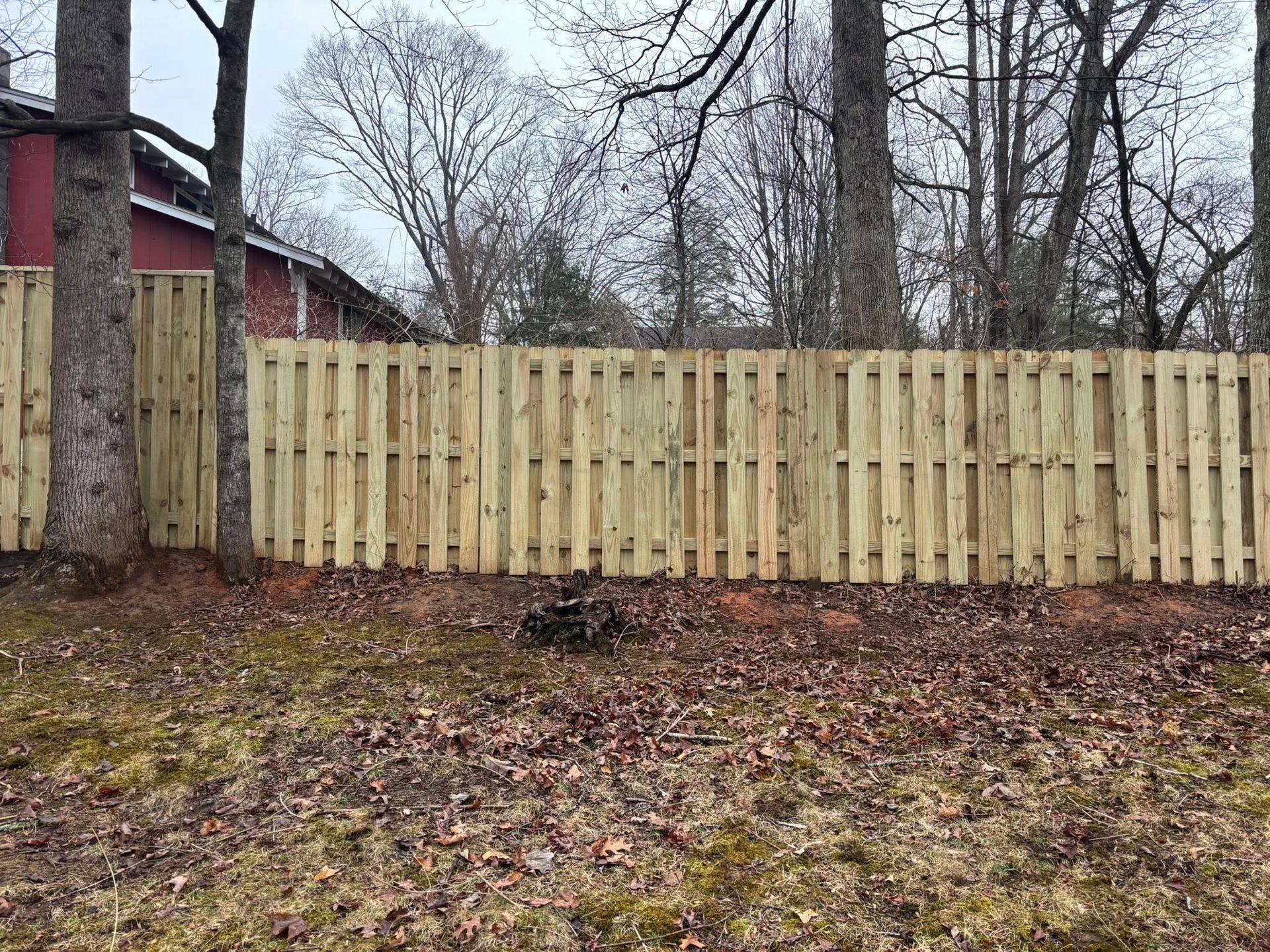 A new wooden fence stands in a wooded backyard, with a red building visible on the left side.