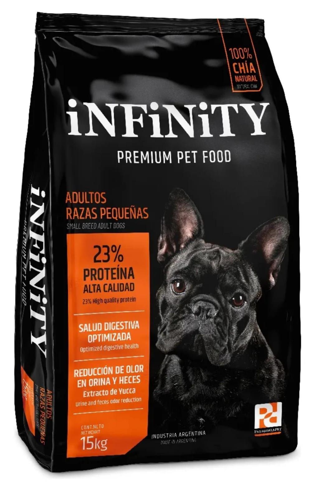 Bolsa negra de alimento premium para mascotas Infinity para perros adultos pequeños, con Bulldog Francés.