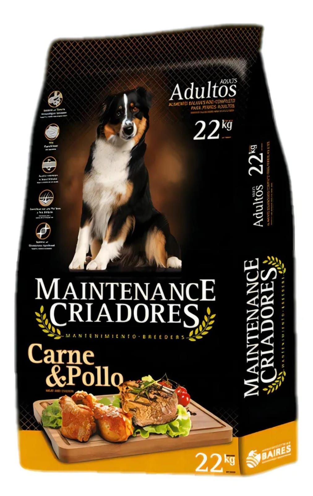 Bolsa de alimento para perros etiquetada "Mantenimiento Criadores", carne y pollo, 22kg, con foto del perro y del alimento.